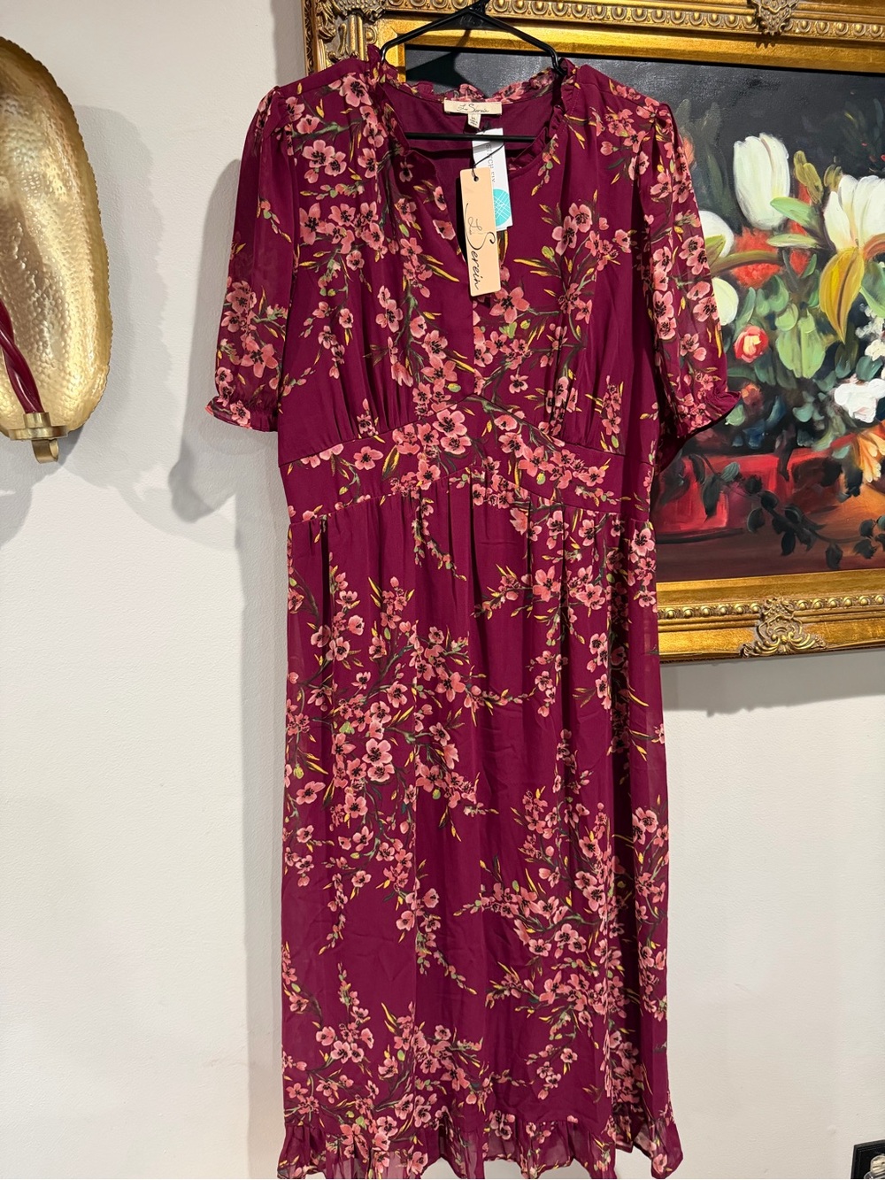 Les Serein Burgundy Floral Midi Dress